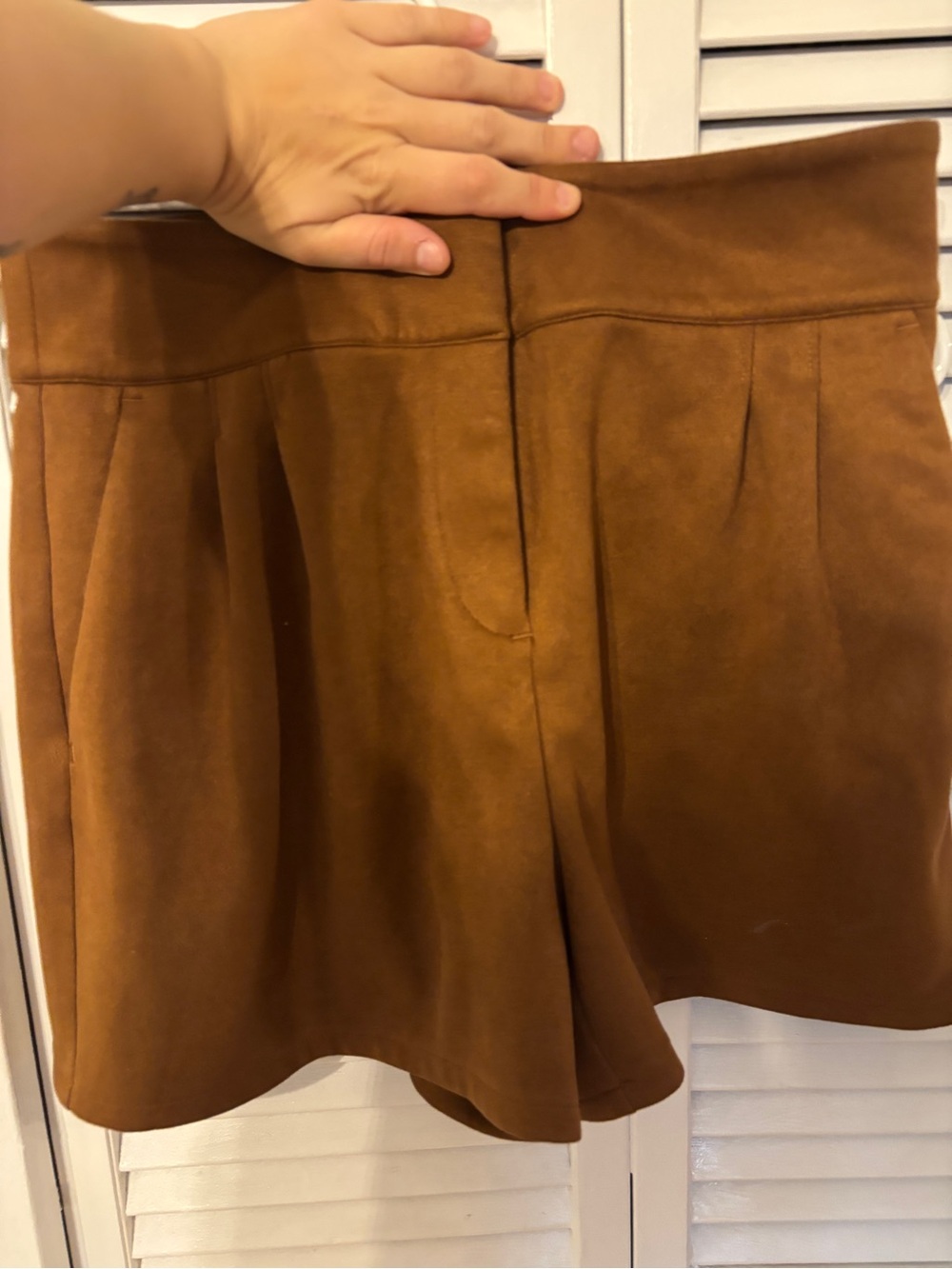 Express Suede-Look High Waist Flare Shorts — Brown